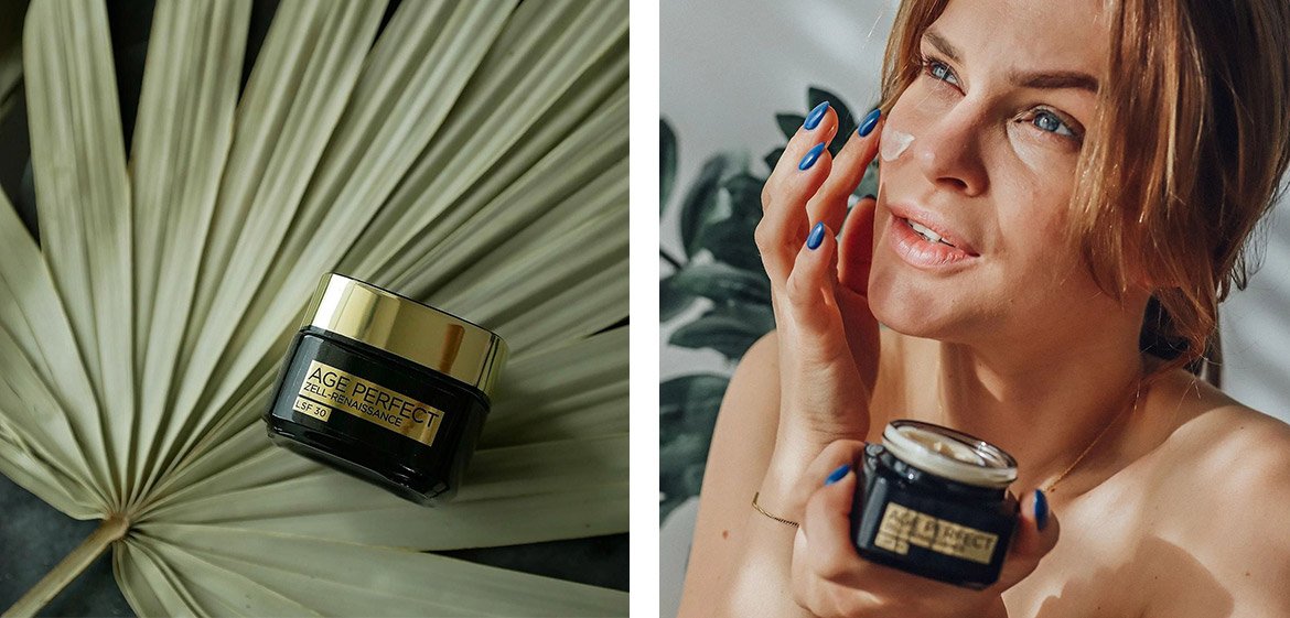 Fotocollage mit Produktabbildung der L'Oréal Age Perfect Zell-Renaissance Gesichtscreme